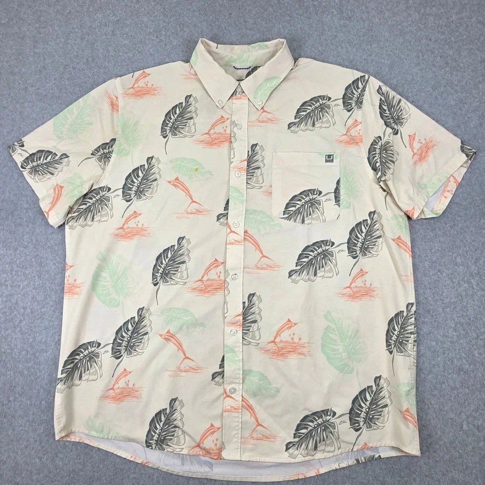 Huk Men's XXL Beige‎ Tropical Marlin Palm Leaf Button Down Shirt H1500192-106